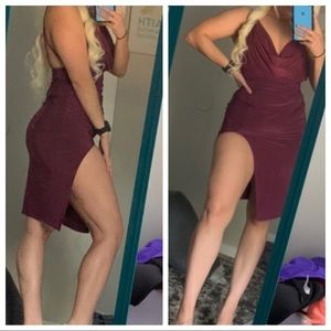 Burgundy wine body con dress with flowy top part, sexy and fun for a night out!